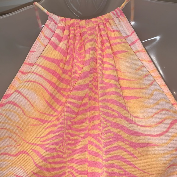 Y2K GUESS Animal Print Split Neck Mini Dress Sunset Orange Pink S Cocktail Party - Picture 8 of 16